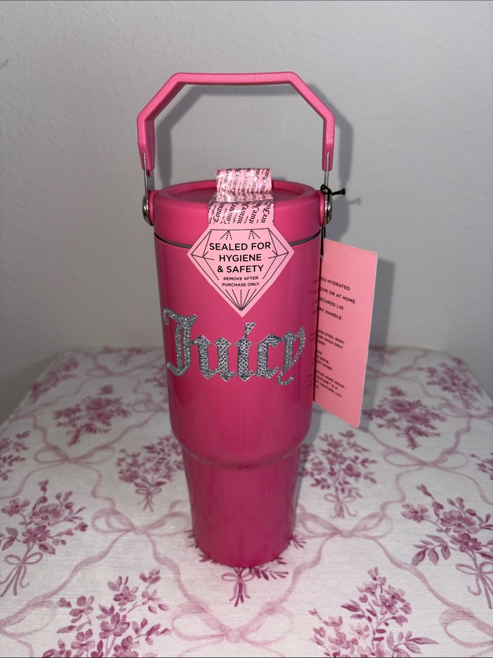 Juicy Couture Hot Pink Glitter Logo Travel Tumbler with Handle